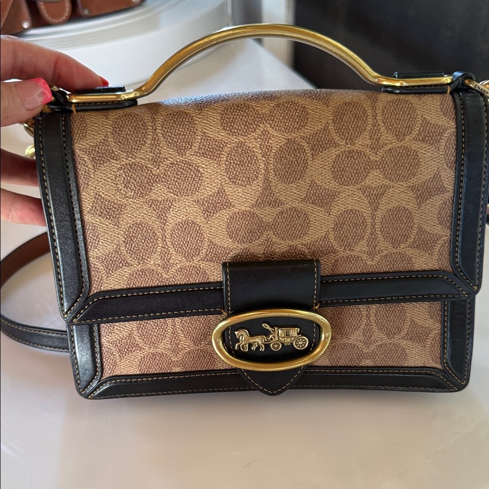 Coach Signature Tan and Black Crossbody Bag